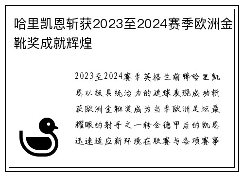 哈里凯恩斩获2023至2024赛季欧洲金靴奖成就辉煌